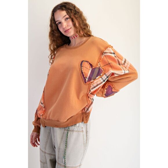 1003 EASEL Small Heart Plaid Flannel Patch Mineral Washed Pullover Sweatshirt - Picture 1 of 5